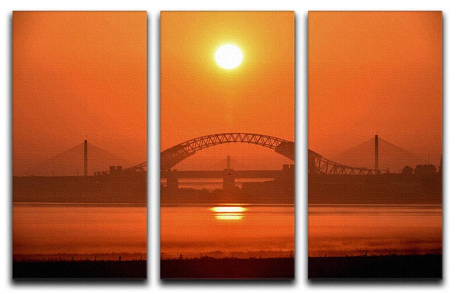 Three-panel canvas print depicting a vibrant sunset over the Mersey River, showcasing rich colors and serene scenery.