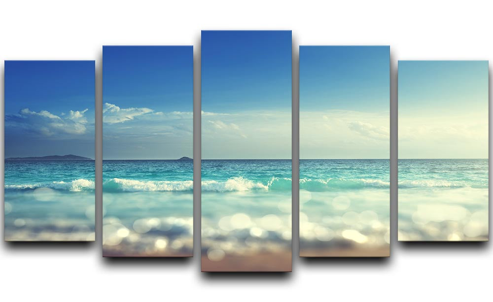 A beautiful sunset time tilt shift soft 5 split panel canvas artwork, showcasing vibrant colors and a serene landscape divided into five panels.