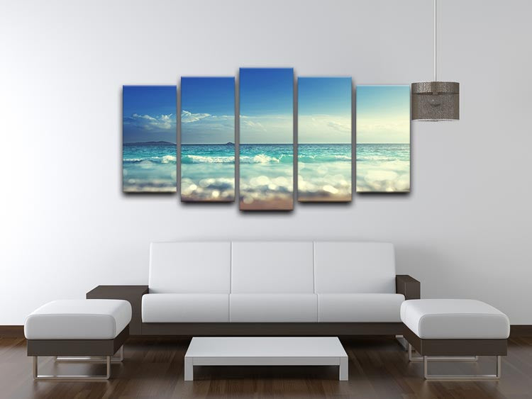 A beautiful sunset time tilt shift soft 5 split panel canvas artwork, showcasing vibrant colors and a serene landscape divided into five panels.