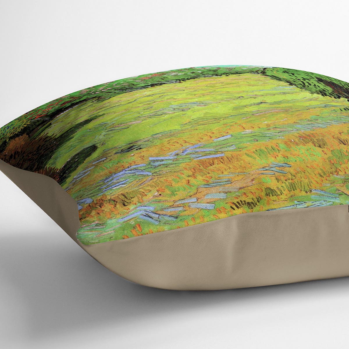 A vibrant cushion featuring Van Gogh's Sunny Lawn in a Public Park design, made from luxurious vegan faux suede.