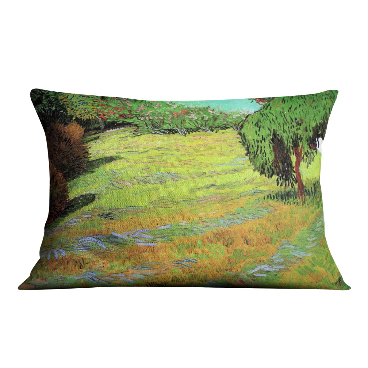 A vibrant cushion featuring Van Gogh's Sunny Lawn in a Public Park design, made from luxurious vegan faux suede.