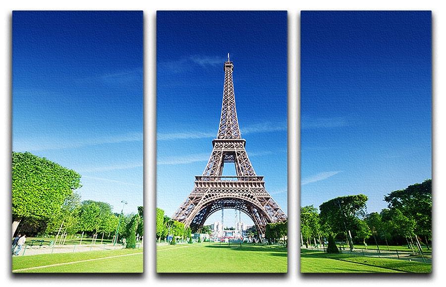 A beautiful 3-panel canvas print featuring the Eiffel Tower under a sunny sky, perfect for home decor.