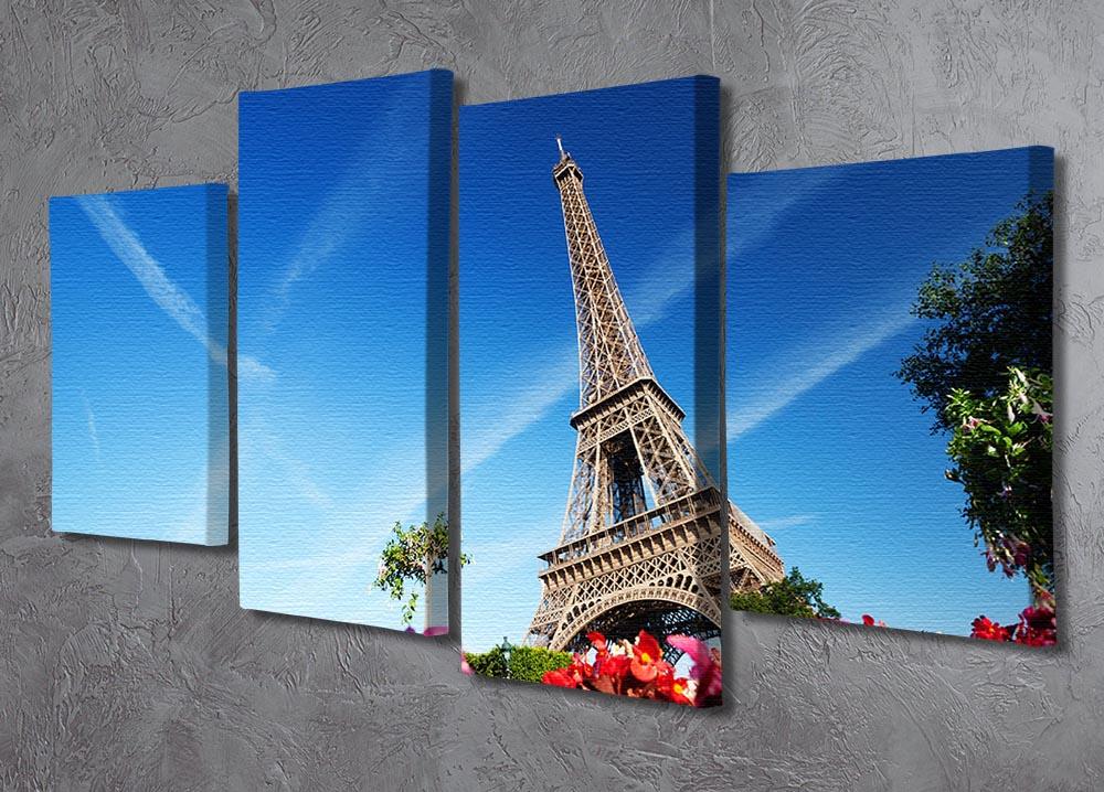 A vibrant 4-panel canvas featuring sunny morning flowers and the Eiffel Tower, showcasing a beautiful blend of colors and artistic design.