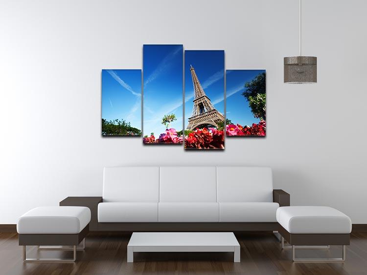 A vibrant 4-panel canvas featuring sunny morning flowers and the Eiffel Tower, showcasing a beautiful blend of colors and artistic design.