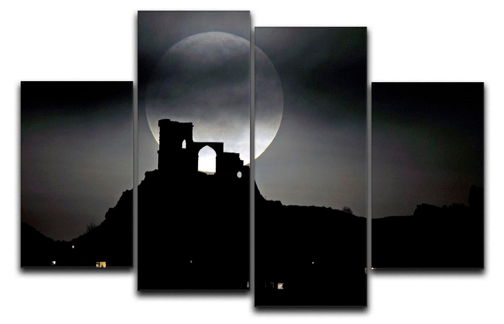 A beautiful 4-split canvas artwork depicting a super moon over Mow Cop, showcasing vibrant colors and intricate details.
