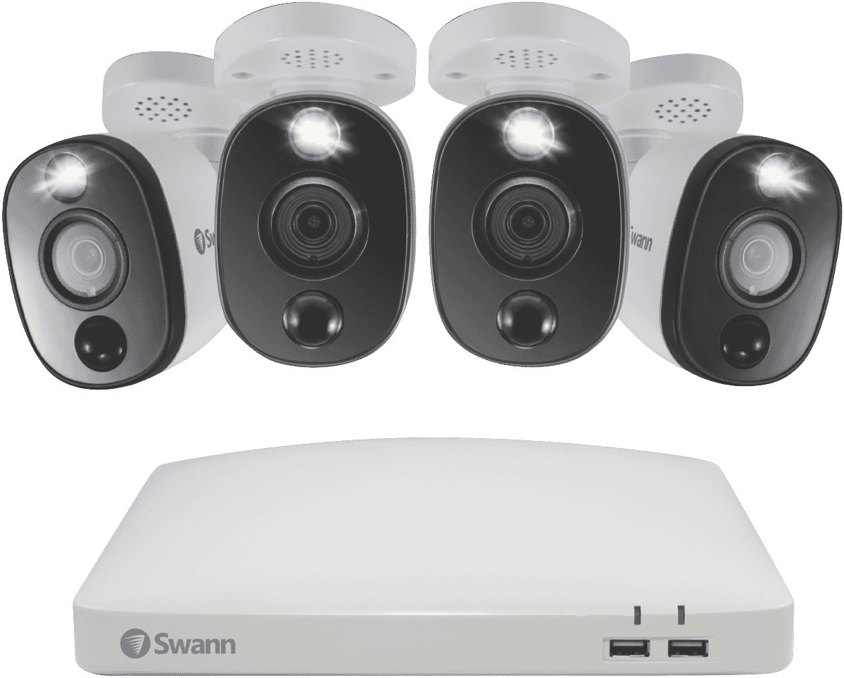 Swann 4K 4 Camera DVR Security System with warning light, showcasing four cameras and DVR unit.
