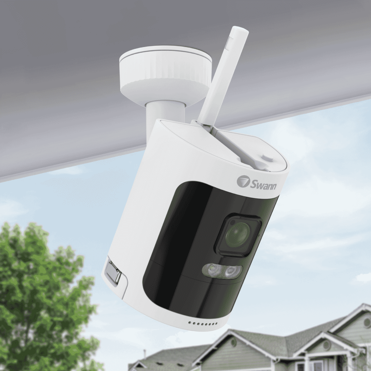 Swann Secure650 2K Wireless Add on Camera SWNVW-600CMB-GL with spotlight and outdoor mounting stand.