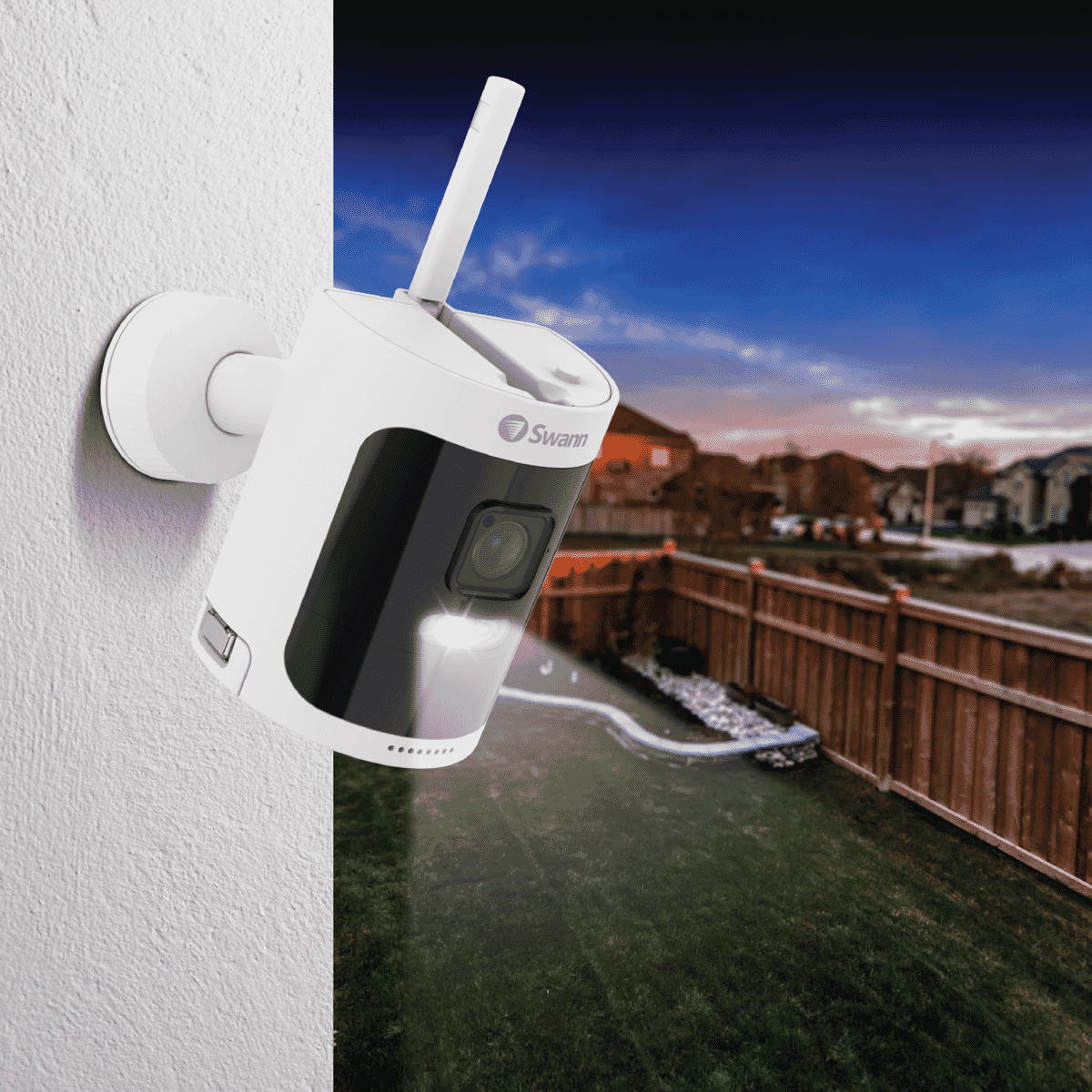 Swann Secure650 2K Wireless Add on Camera SWNVW-600CMB-GL with spotlight and outdoor mounting stand.