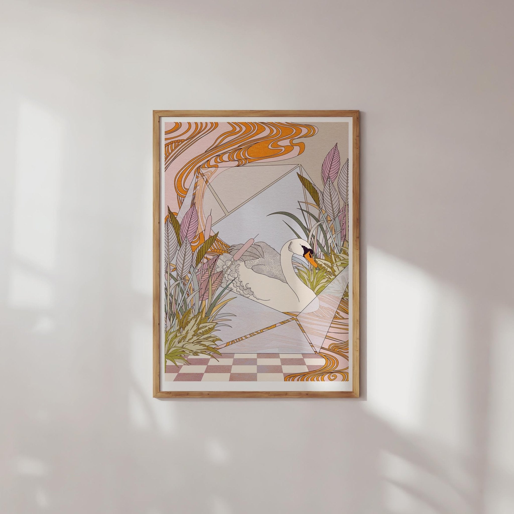Swan Terrarium Art Print featuring a graceful swan surrounded by lush botanical elements in pastel colors.