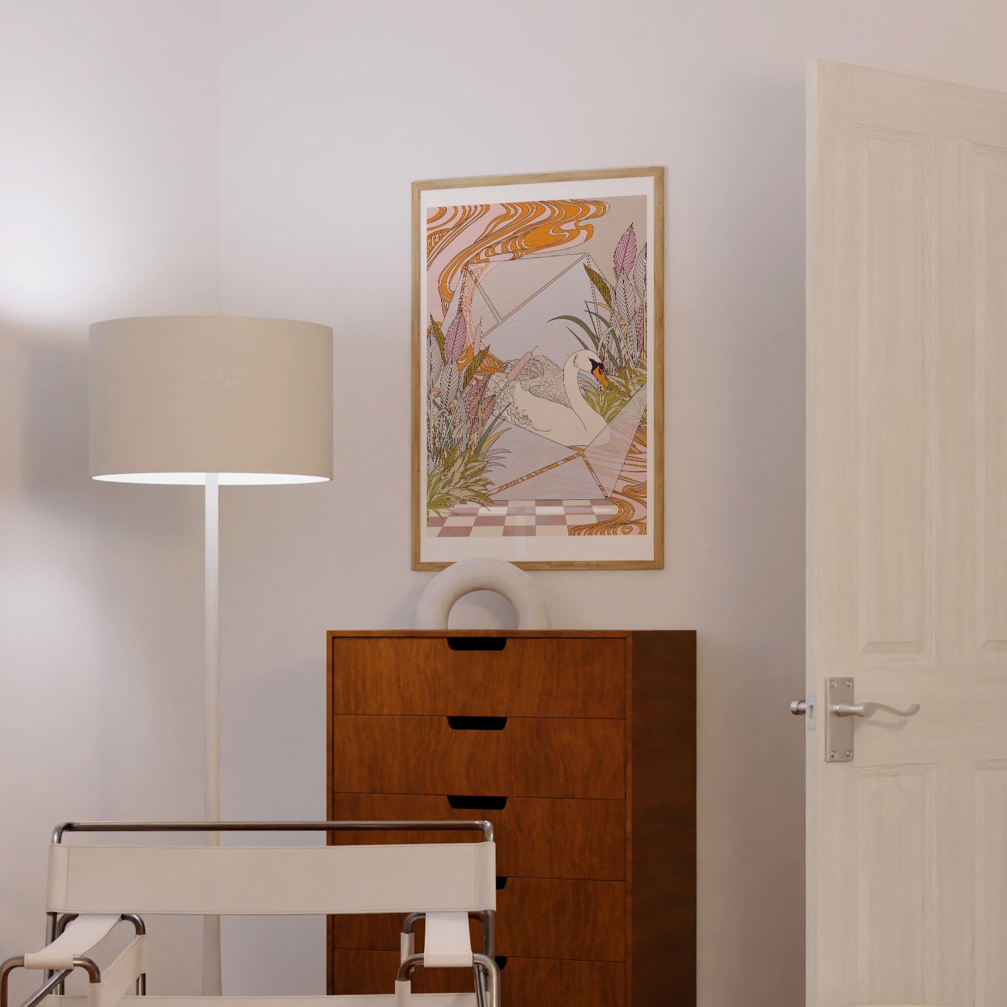 Swan Terrarium Art Print featuring a graceful swan surrounded by lush botanical elements in pastel colors.