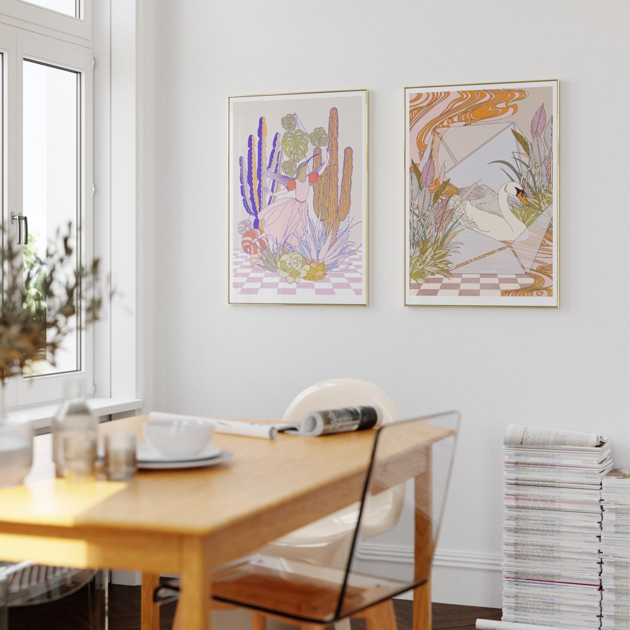 Swan Terrarium Art Print featuring a graceful swan surrounded by lush botanical elements in pastel colors.