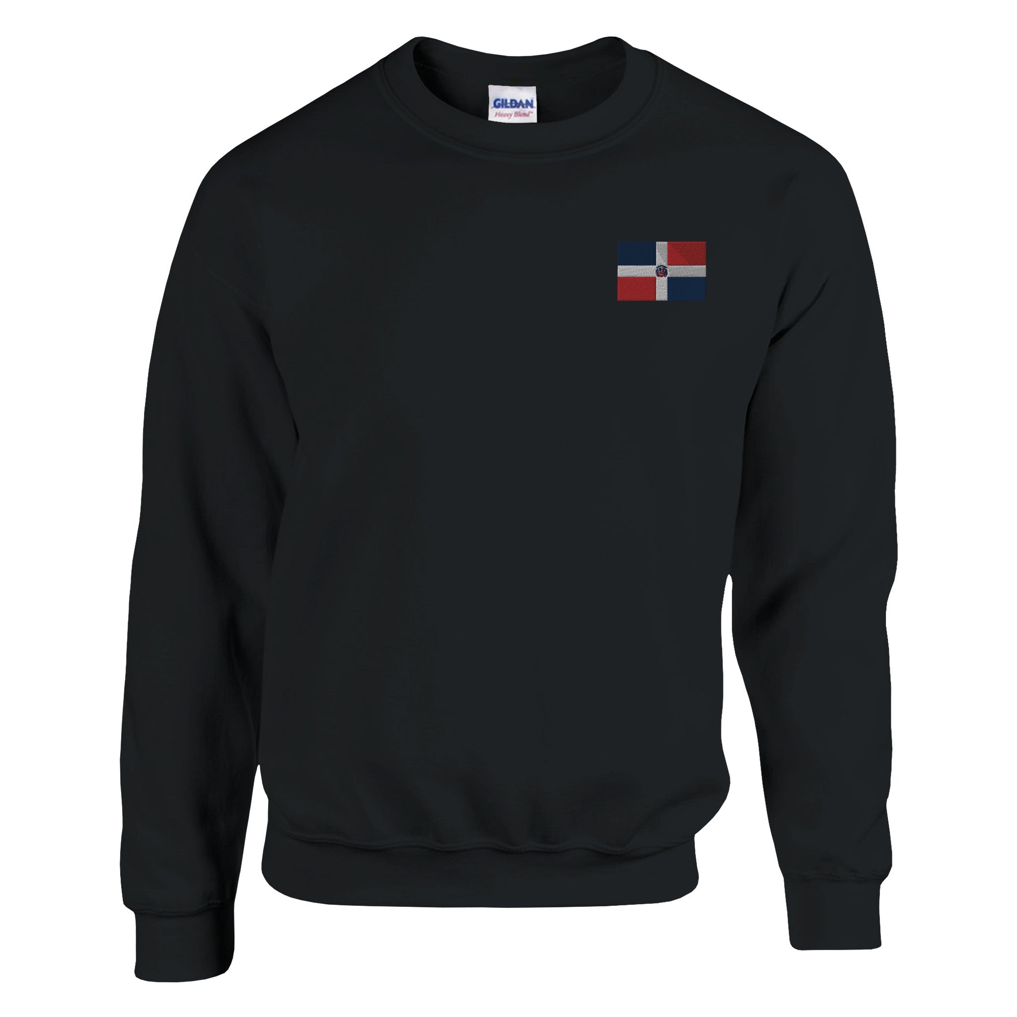 Sweat-shirt en coton et polyester avec broderie du drapeau de la République dominicaine, disponible en plusieurs tailles.