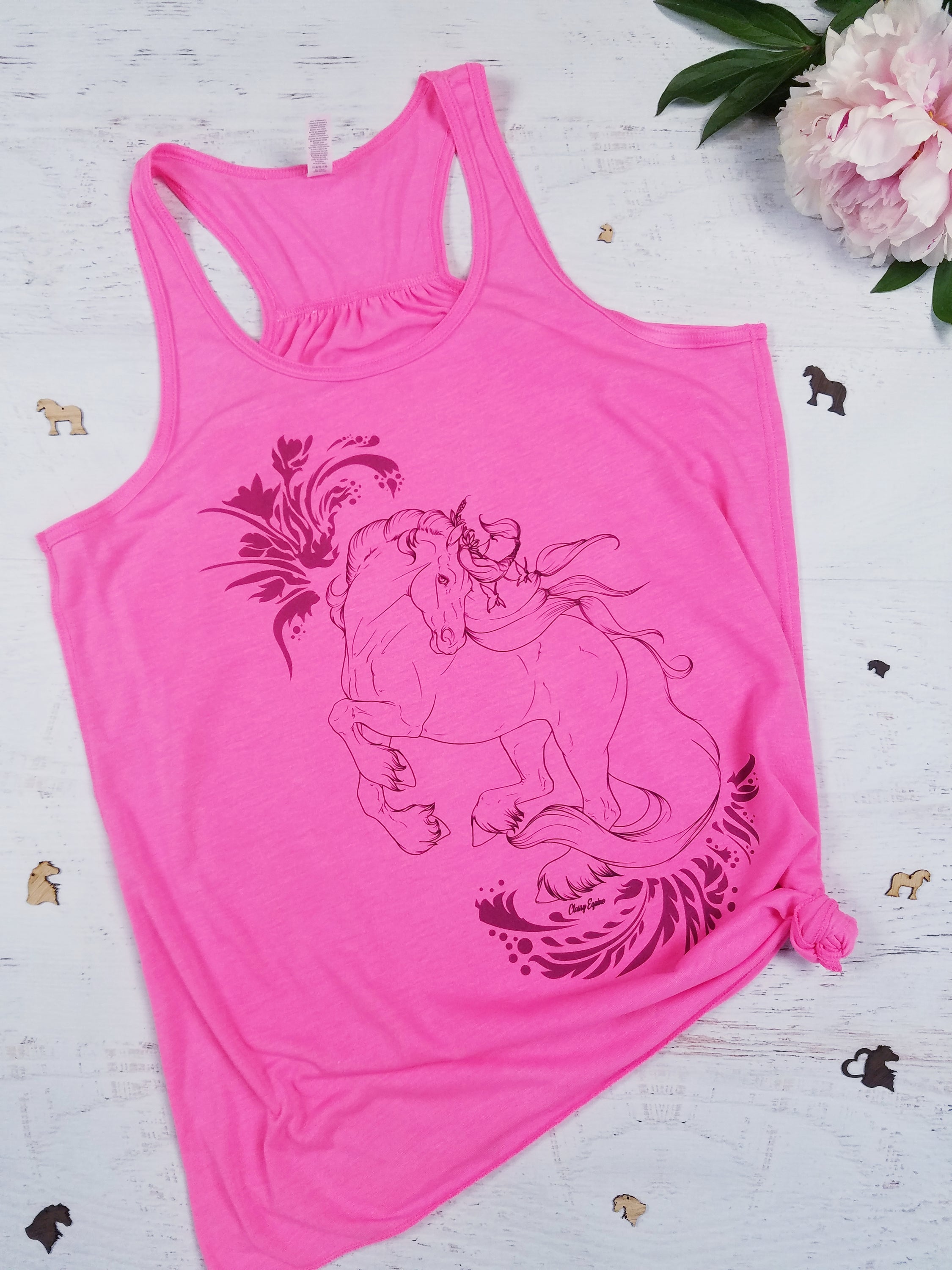 A stylish Sweet Friesian Grace flowy tank top in a relaxed fit, perfect for barn activities and casual outings.