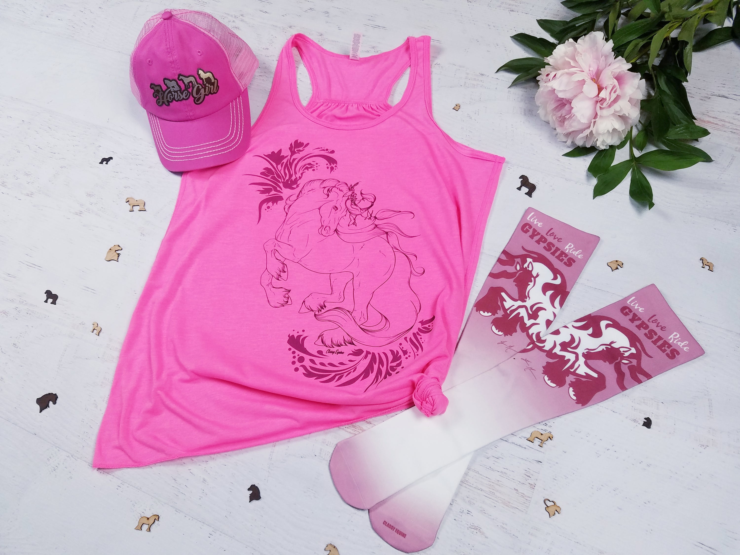 A stylish Sweet Friesian Grace flowy tank top in a relaxed fit, perfect for barn activities and casual outings.