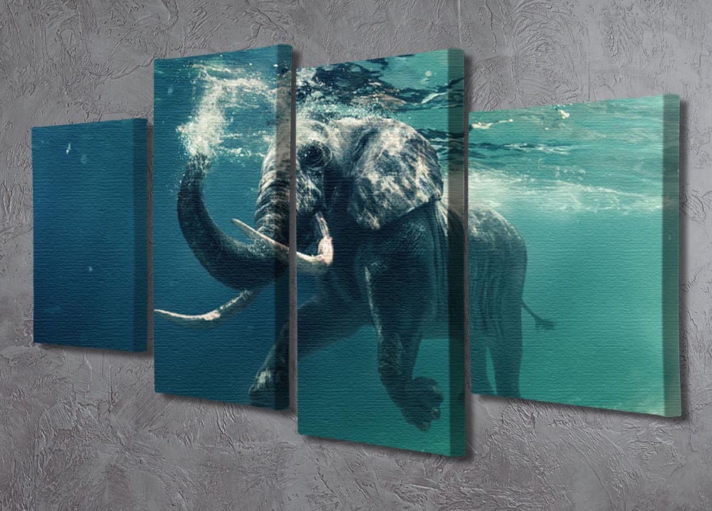 A vibrant 4-panel canvas artwork featuring a swimming elephant underwater, showcasing dynamic colors and intricate details.