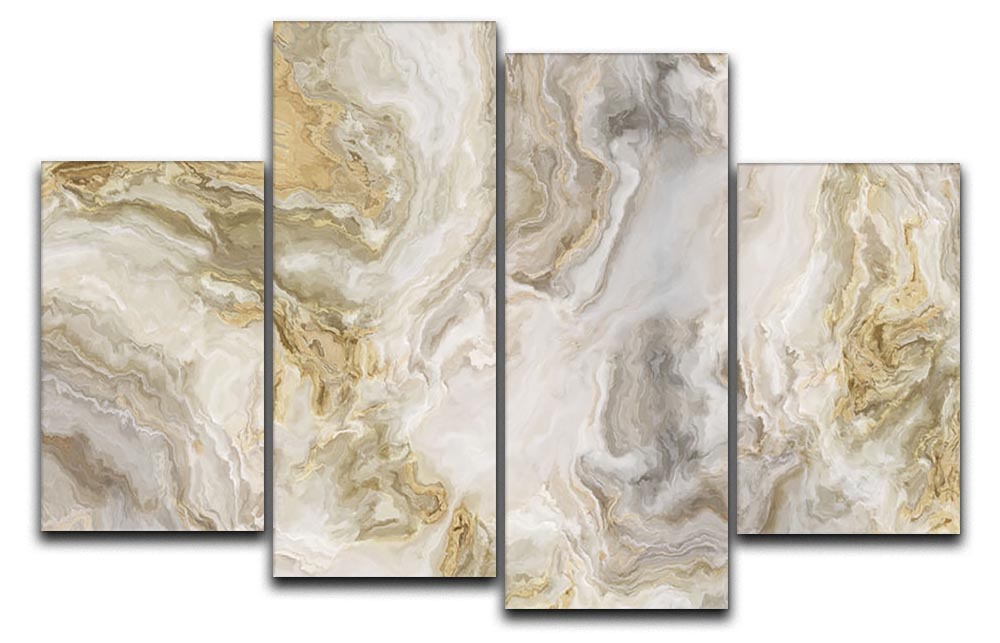 Swirled White Grey and Gold Marble 4 Split Panel Canvas artwork displayed on a wall, showcasing its elegant design and modern aesthetic.