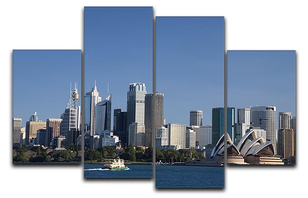 A stunning 4-panel canvas artwork depicting the Sydney cityscape against a bright blue sky, showcasing modern design and vibrant colors.