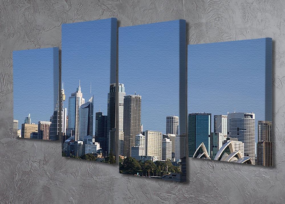 A stunning 4-panel canvas artwork depicting the Sydney cityscape against a bright blue sky, showcasing modern design and vibrant colors.