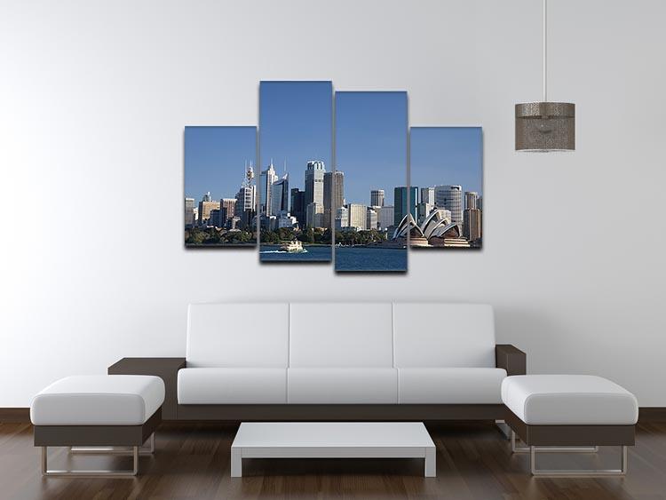 A stunning 4-panel canvas artwork depicting the Sydney cityscape against a bright blue sky, showcasing modern design and vibrant colors.