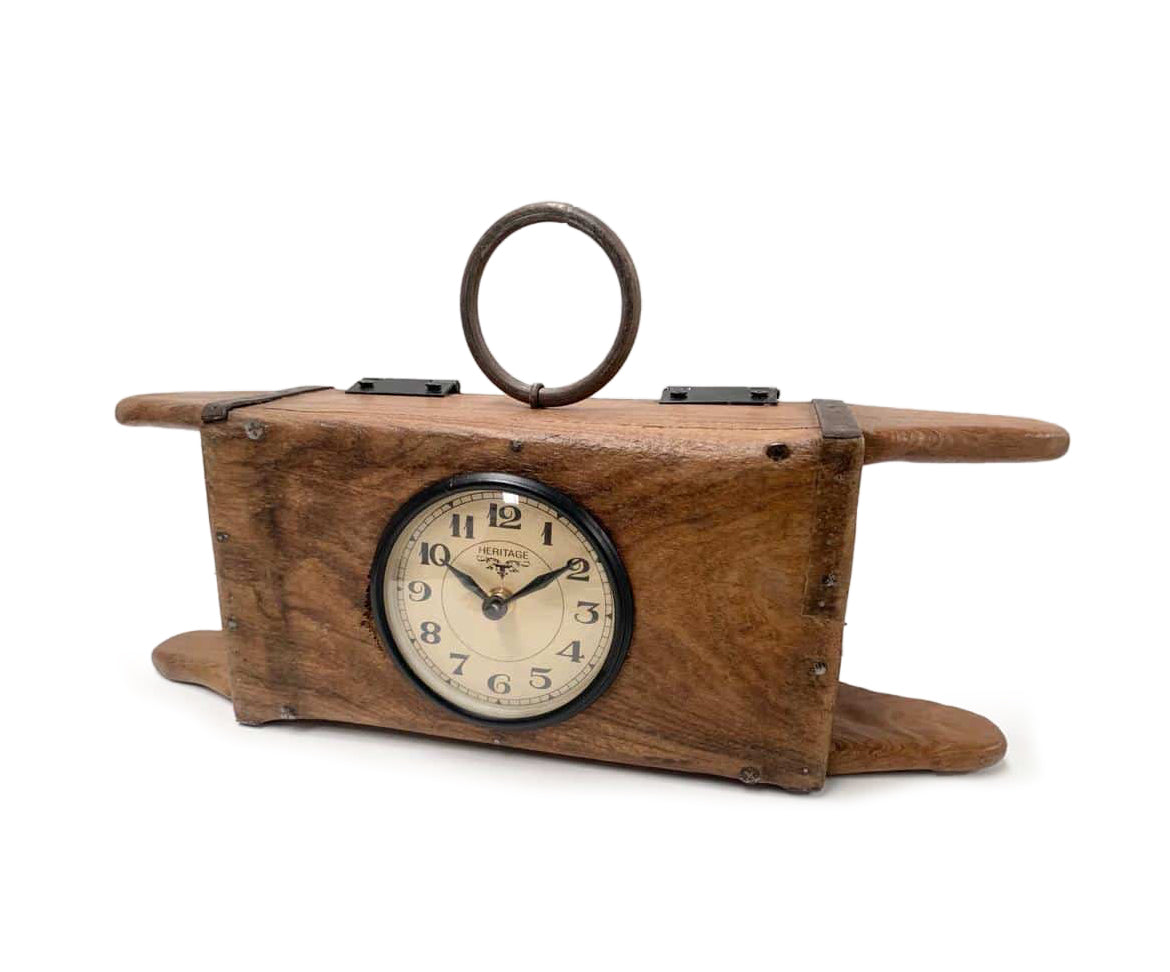Handcrafted table clock made from recycled brick mould with antique finish, showcasing unique design and eco-friendly craftsmanship.