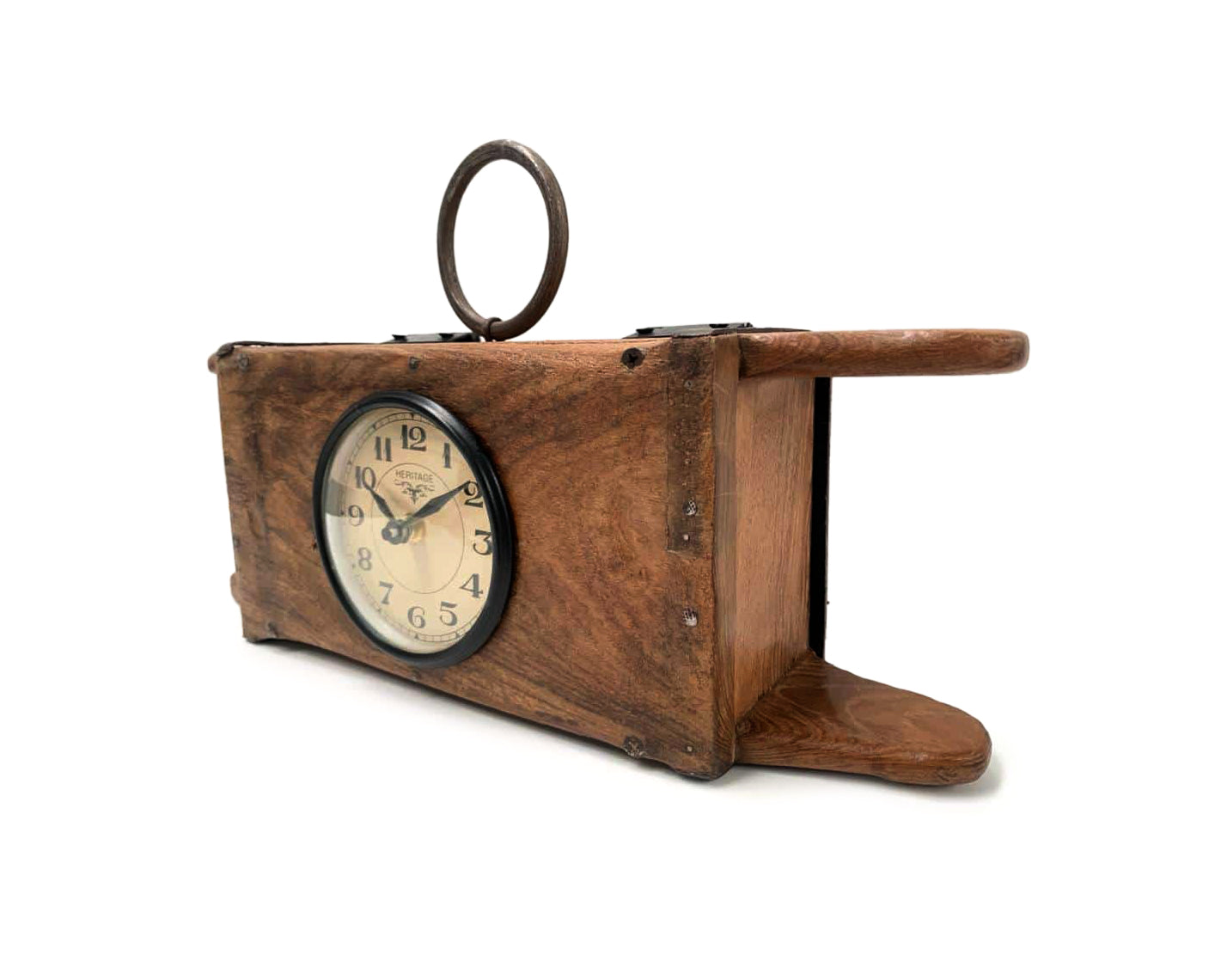 Handcrafted table clock made from recycled brick mould with antique finish, showcasing unique design and eco-friendly craftsmanship.