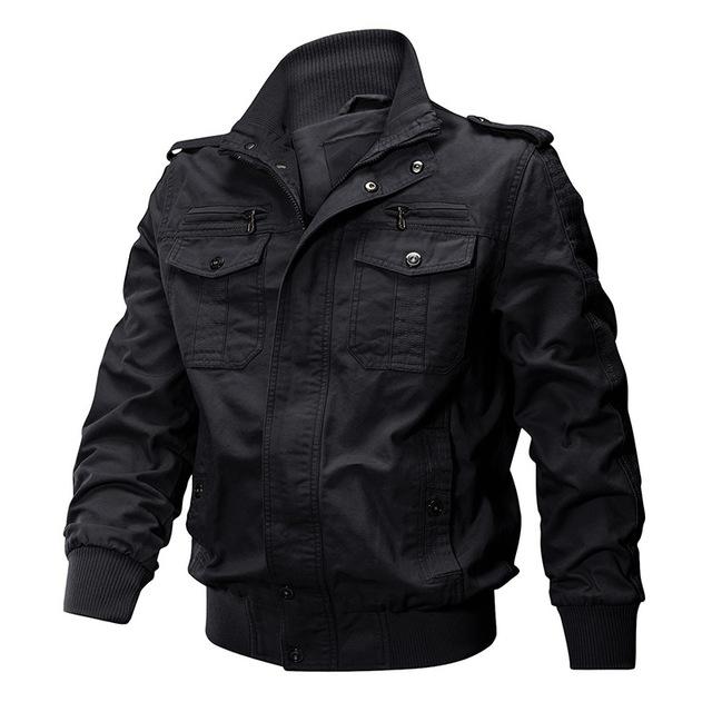 TACVASEN Winter Military Airsoft Pilot Bomber Jacket in black, featuring a zipper closure and multiple pockets, designed for men.
