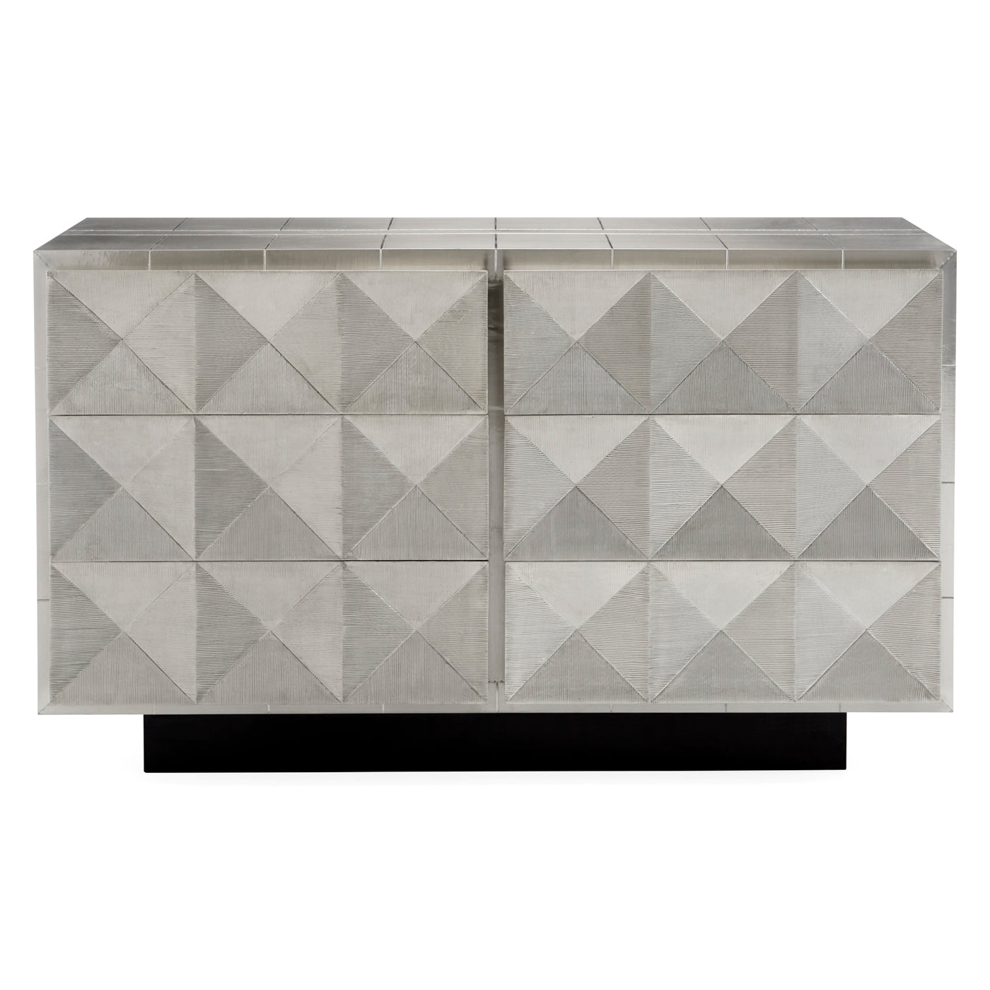 Talitha Six-Drawer Dresser featuring hand-hammered nickel-plated metal with a scratched texture, showcasing a geometric stud pattern and glossy blue interiors.