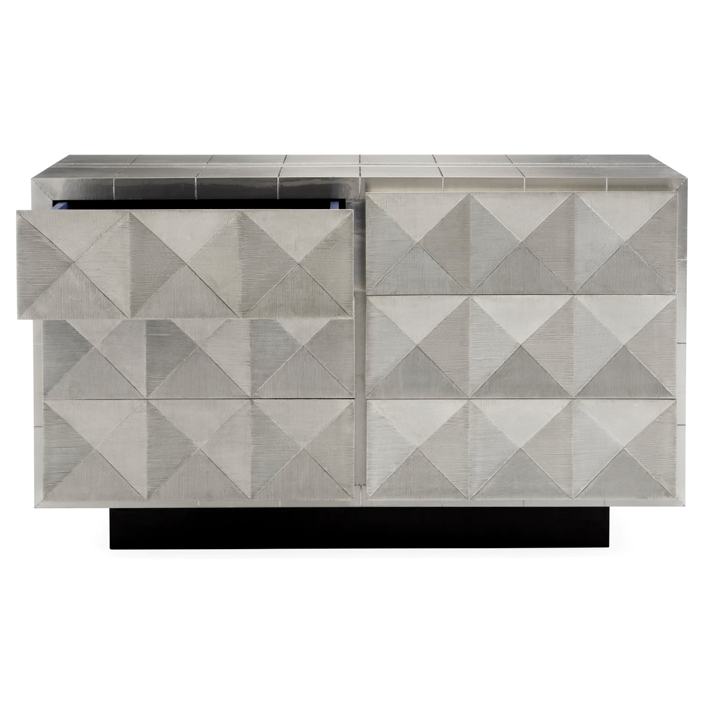 Talitha Six-Drawer Dresser featuring hand-hammered nickel-plated metal with a scratched texture, showcasing a geometric stud pattern and glossy blue interiors.
