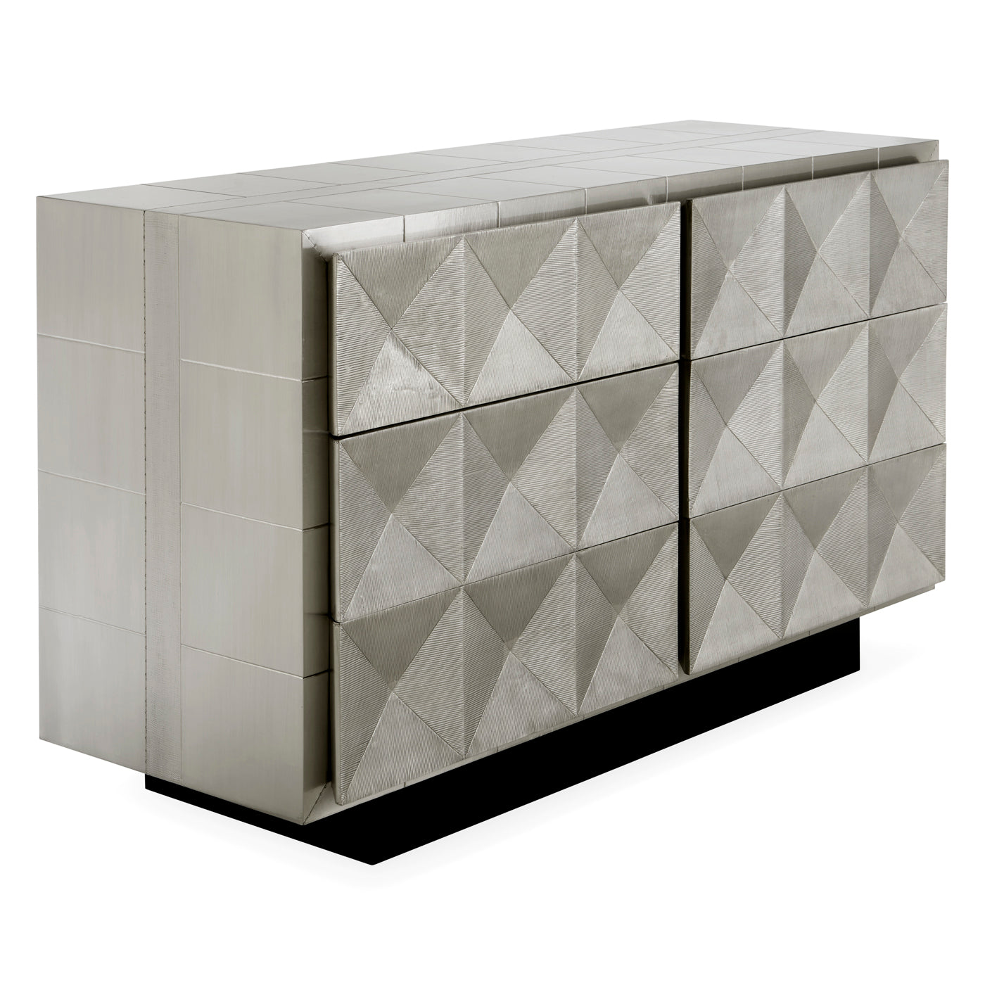 Talitha Six-Drawer Dresser featuring hand-hammered nickel-plated metal with a scratched texture, showcasing a geometric stud pattern and glossy blue interiors.
