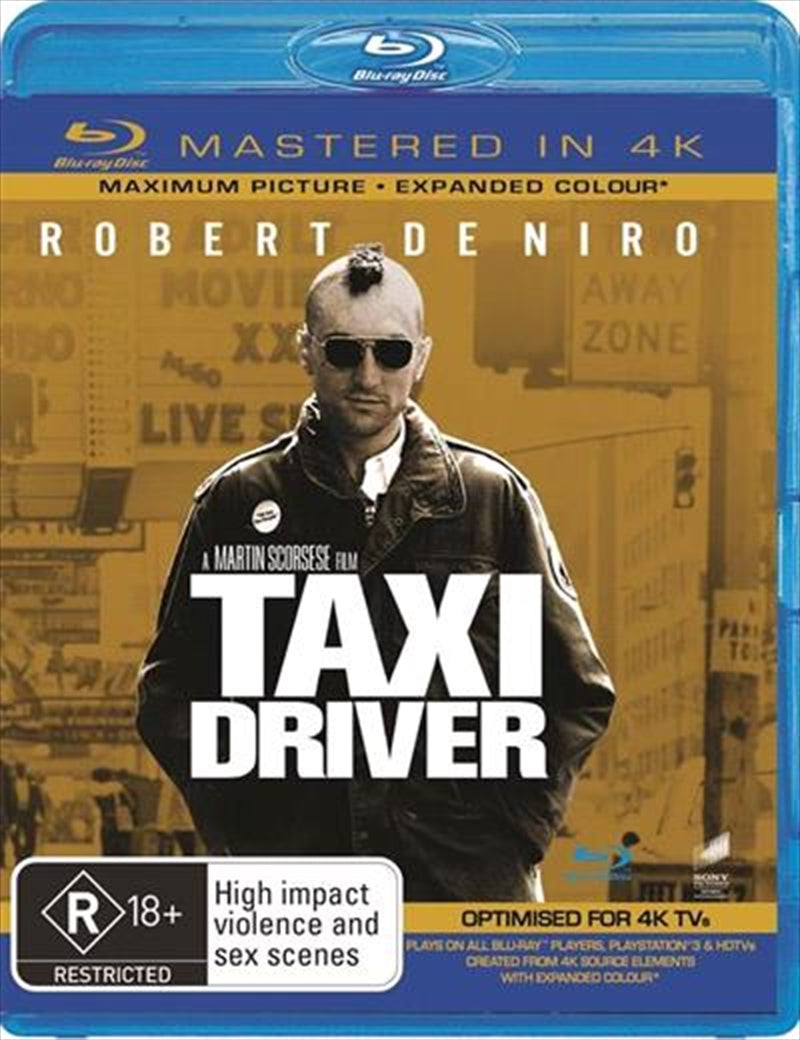Cover art of Taxi Driver Blu-ray and UHD Blu-ray featuring Robert De Niro in a taxi, set against a dark New York City backdrop.