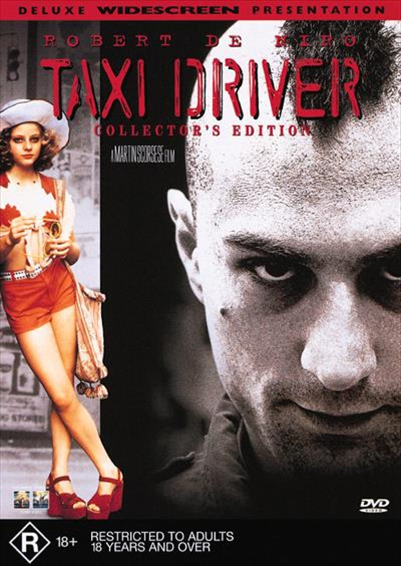 Taxi Driver DVD cover featuring Robert De Niro as Travis Bickle in a gritty urban setting.