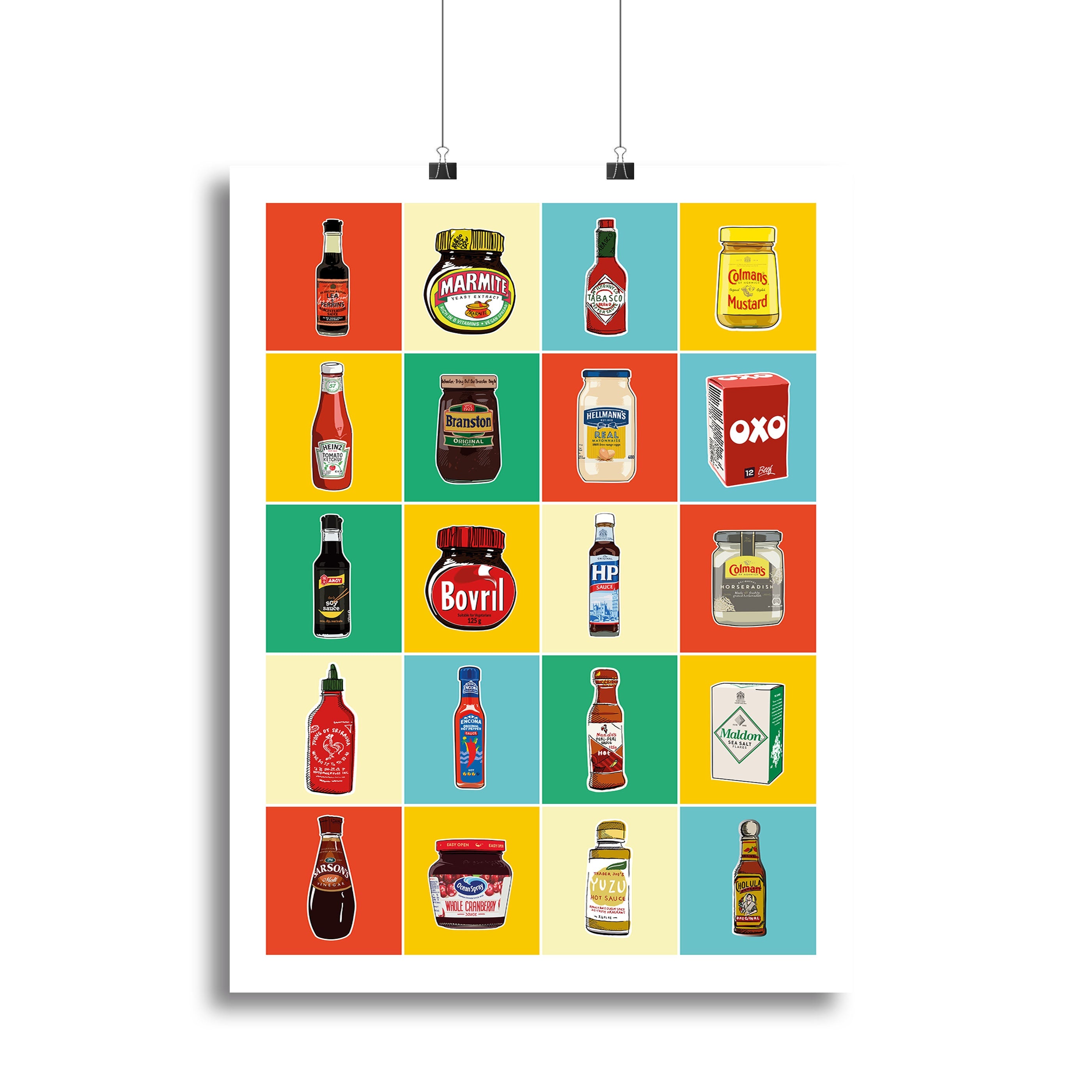 A vibrant canvas print showcasing the taxonomy of various condiments, featuring colorful illustrations and labels, perfect for kitchen decor.