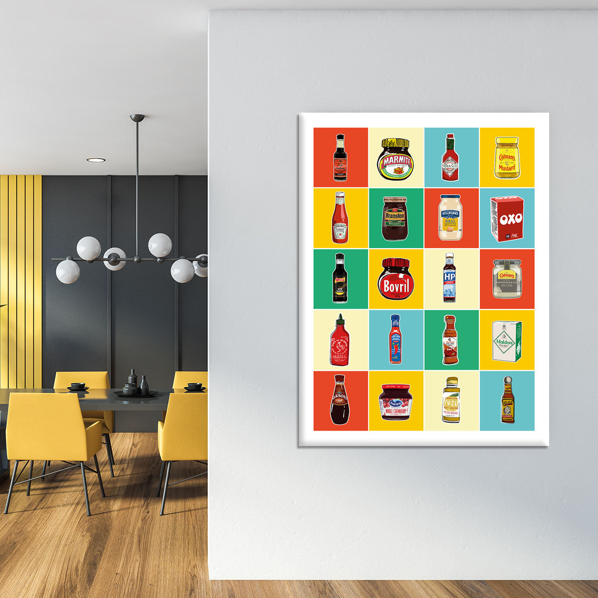A vibrant canvas print showcasing the taxonomy of various condiments, featuring colorful illustrations and labels, perfect for kitchen decor.