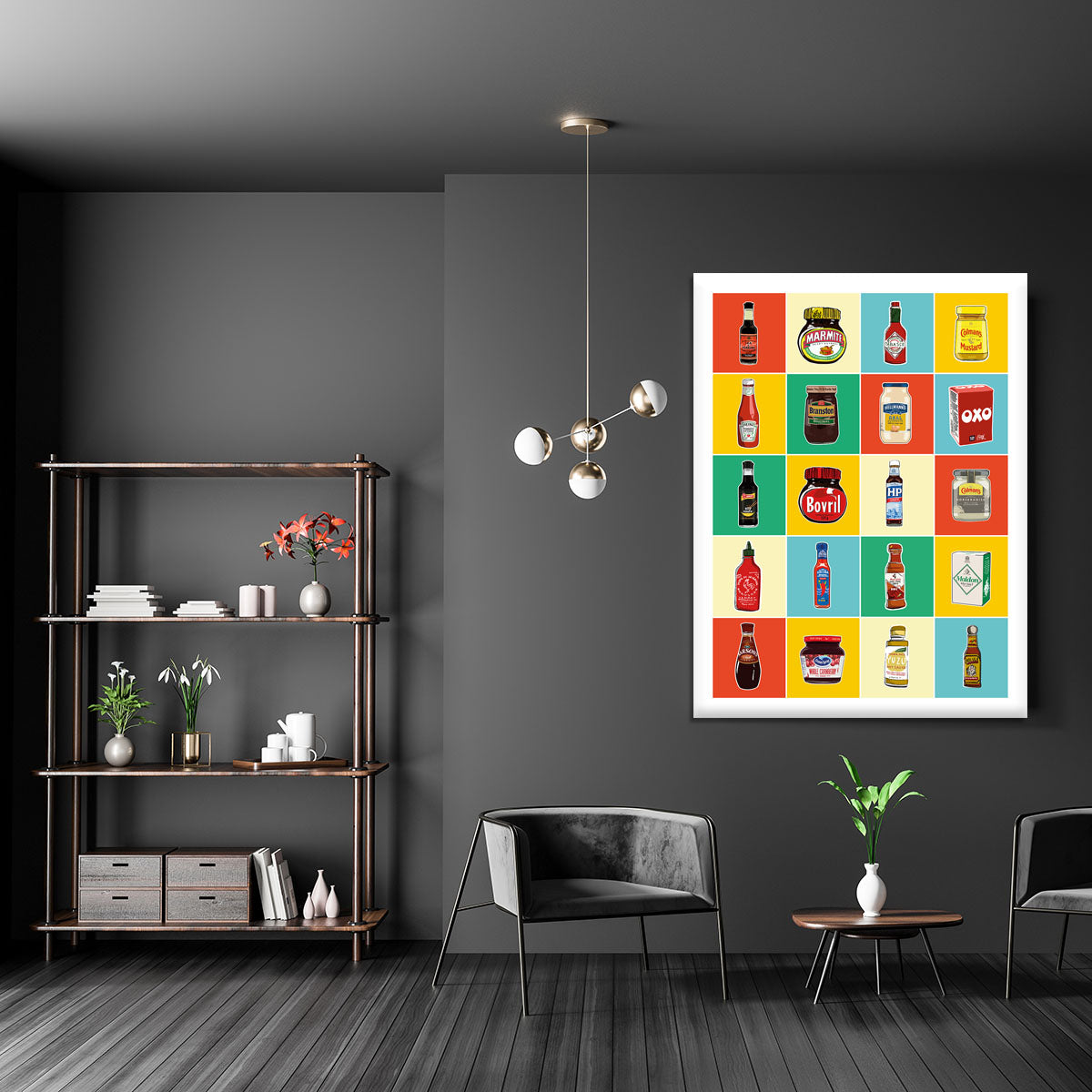 A vibrant canvas print showcasing the taxonomy of various condiments, featuring colorful illustrations and labels, perfect for kitchen decor.