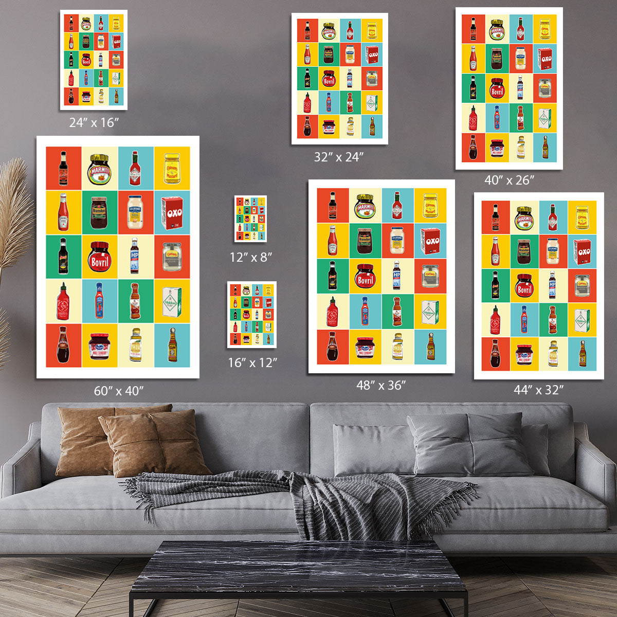 A vibrant canvas print showcasing the taxonomy of various condiments, featuring colorful illustrations and labels, perfect for kitchen decor.