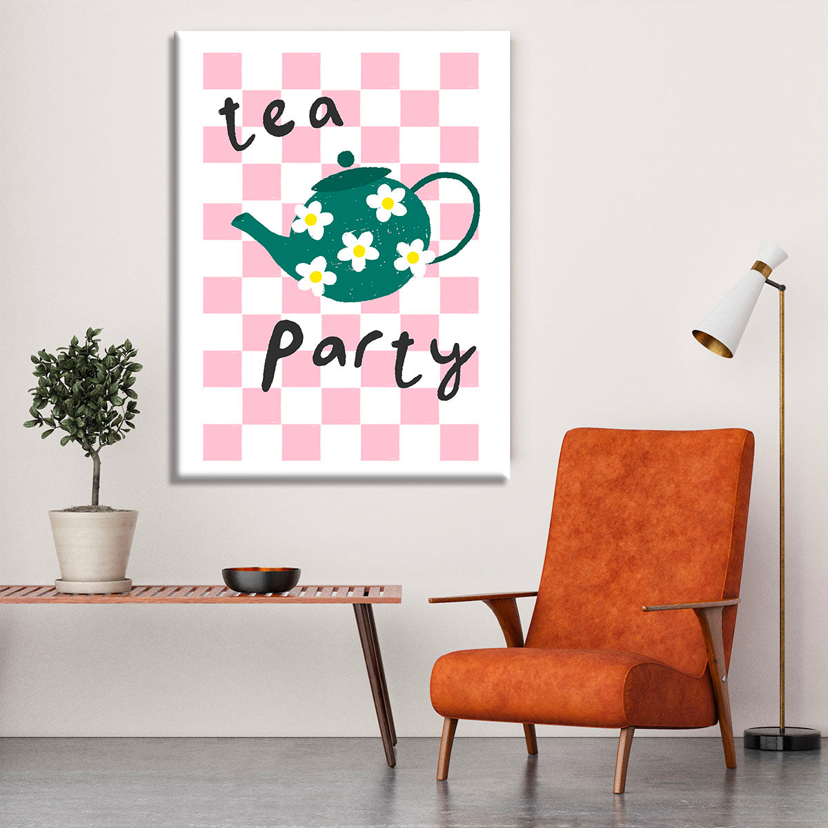 A beautiful Tea Party Canvas Print featuring elegant tea sets and floral designs, perfect for home decor.