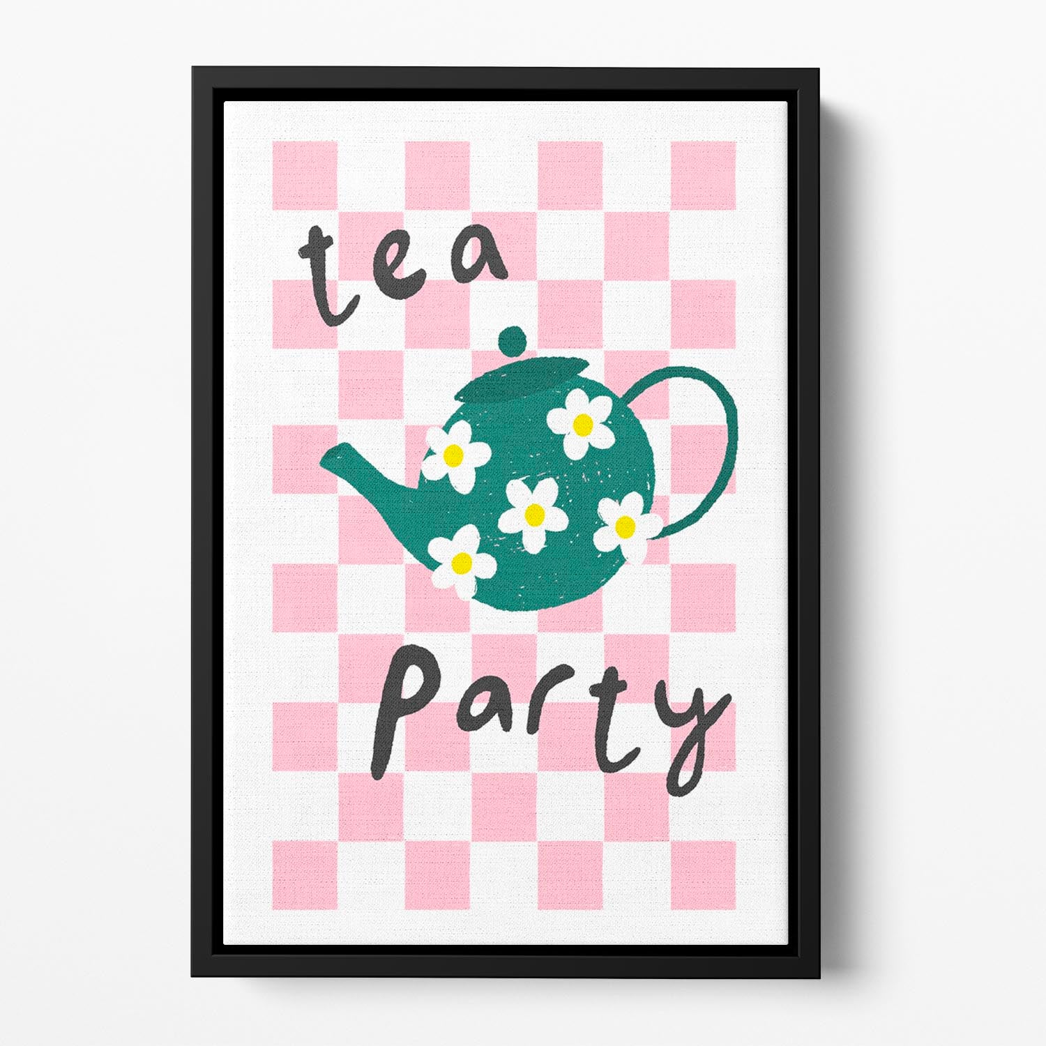 Tea Party Floating Framed Canvas featuring vibrant abstract art in an elegant wooden frame.