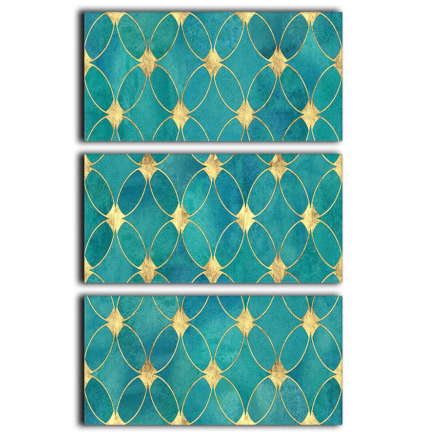 Teal and gold abstract pattern displayed on three split canvas panels, showcasing a modern artistic design perfect for home decor.
