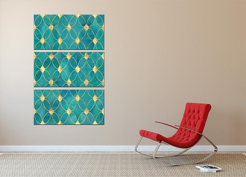 Teal and gold abstract pattern displayed on three split canvas panels, showcasing a modern artistic design perfect for home decor.