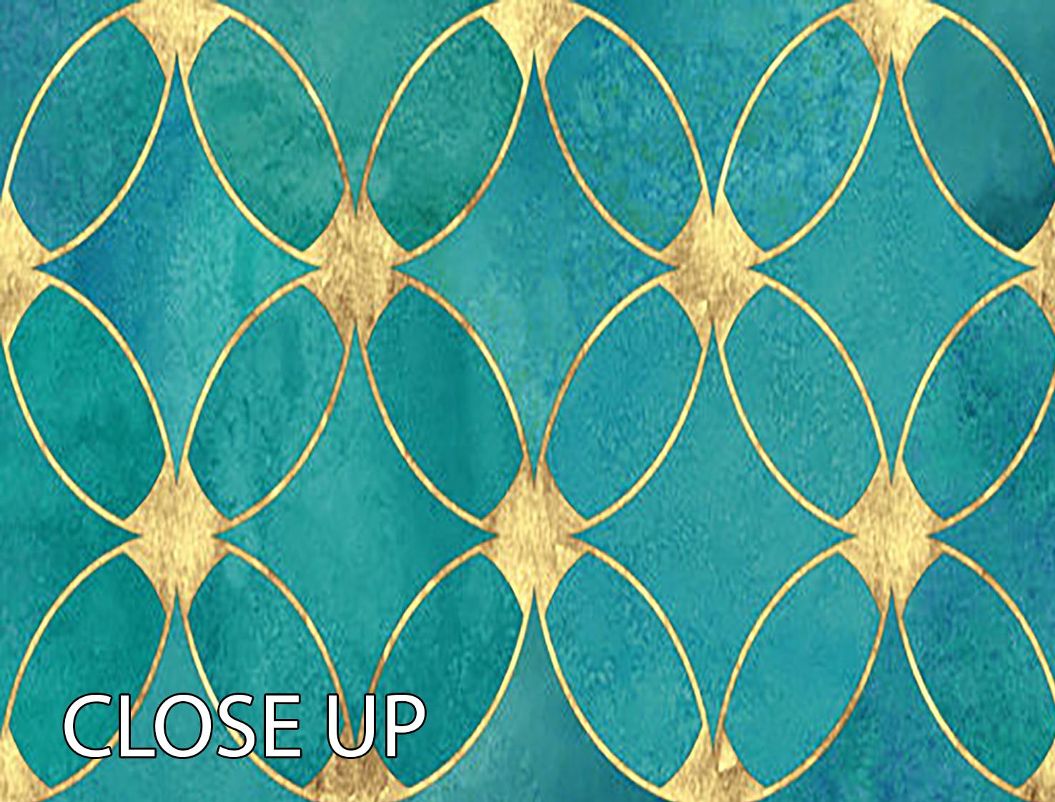 Teal and gold abstract pattern displayed on three split canvas panels, showcasing a modern artistic design perfect for home decor.