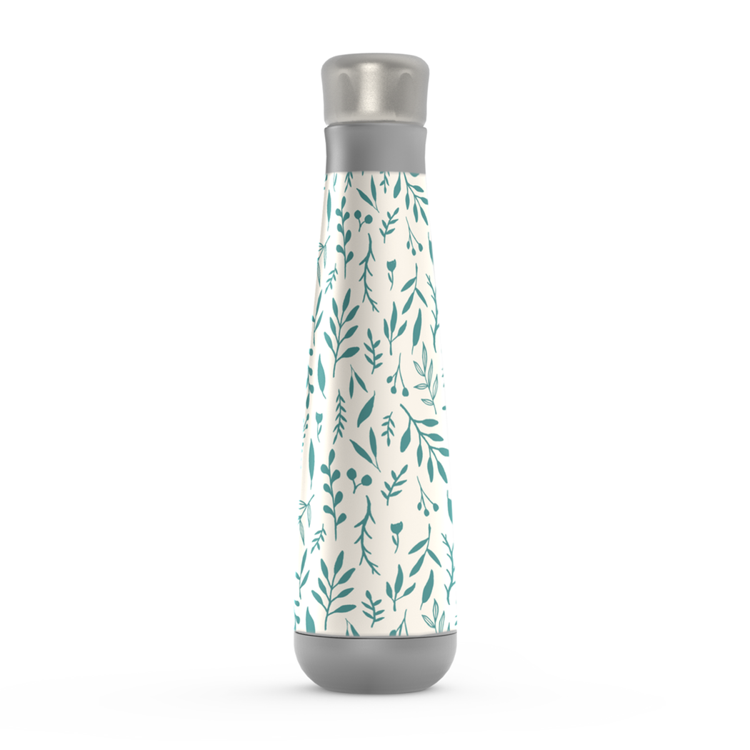 Teal Falling Leaves Water Bottle with stainless steel design and vacuum insulation, perfect for hot or cold beverages.