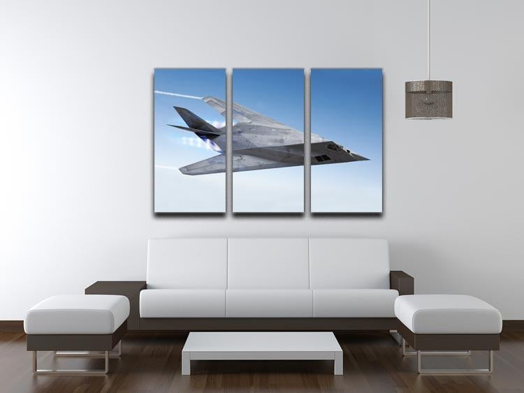 A stunning 3-panel canvas print featuring a stealth aircraft streaking through a clear blue sky, perfect for modern decor.