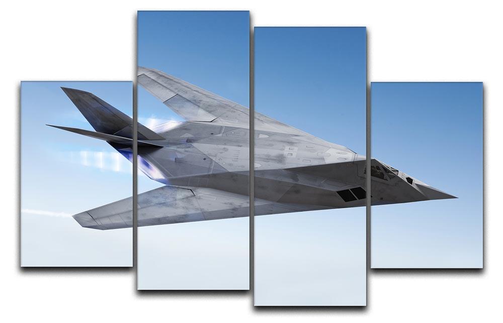 A stunning 4-panel canvas artwork featuring a stealth aircraft soaring through a clear blue sky, creating a dynamic visual effect.