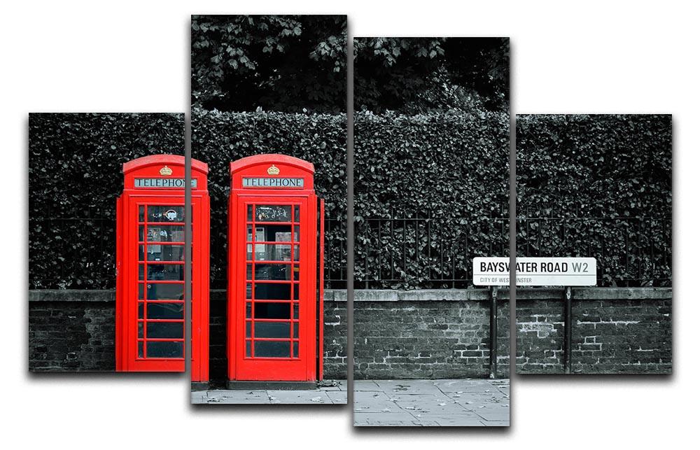 A vibrant 4-split canvas artwork featuring a classic red telephone box on a London street, showcasing the iconic British landmark.