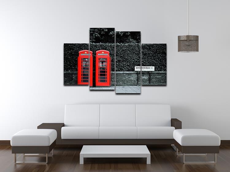 A vibrant 4-split canvas artwork featuring a classic red telephone box on a London street, showcasing the iconic British landmark.
