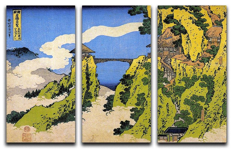 Temple Bridge by Hokusai 3-panel canvas print showcasing vibrant colors and intricate details, perfect for home decor.
