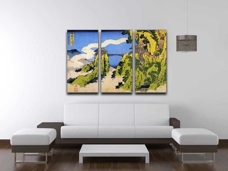 Temple Bridge by Hokusai 3-panel canvas print showcasing vibrant colors and intricate details, perfect for home decor.