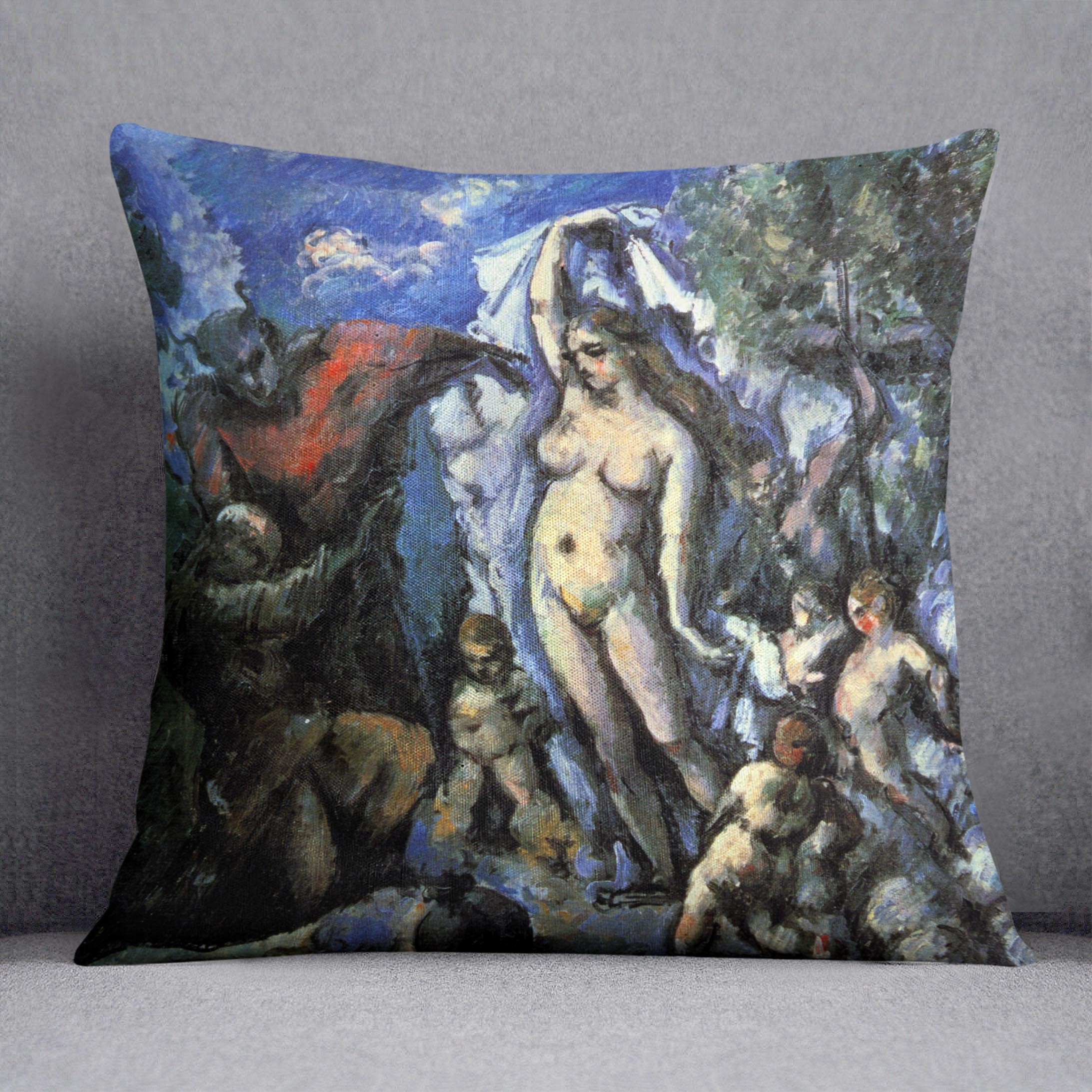 Temptation of St Anthony by Cezanne Cushion featuring vibrant colors and luxurious faux suede material.