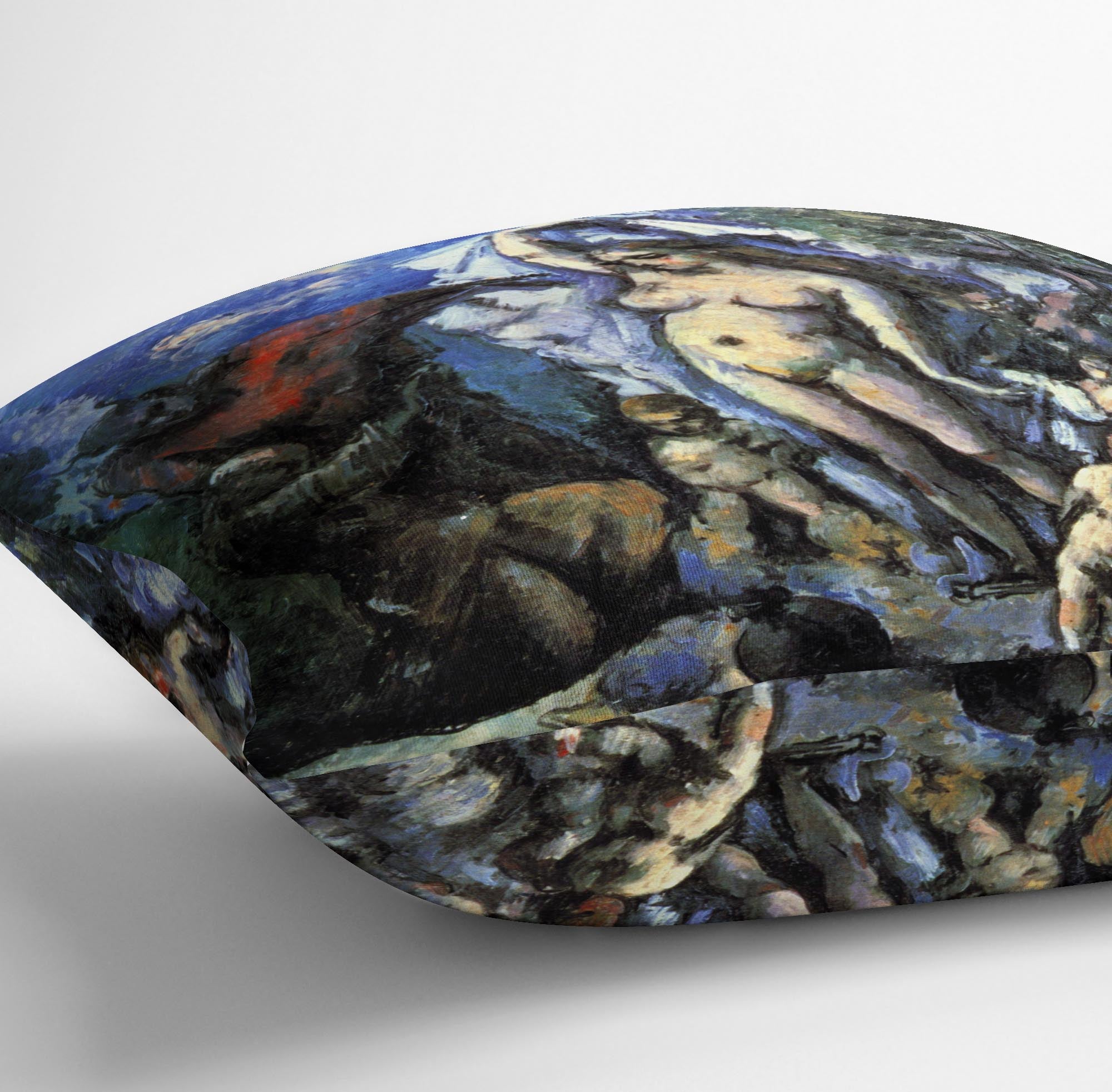 Temptation of St Anthony by Cezanne Cushion featuring vibrant colors and luxurious faux suede material.