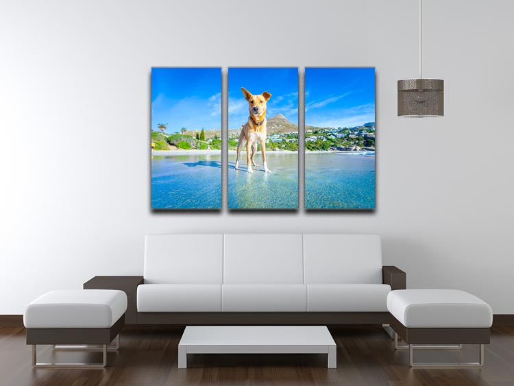 A beautiful 3-panel canvas print featuring a playful Terrier dog, perfect for home decor.